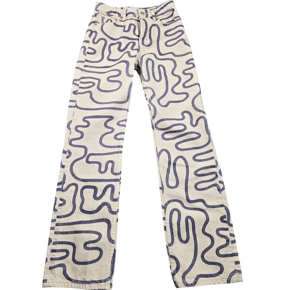 Zara Jeans Womens 2 Beige‎ Abstract Squiggle Print Straight Leg Denim Mid Rise